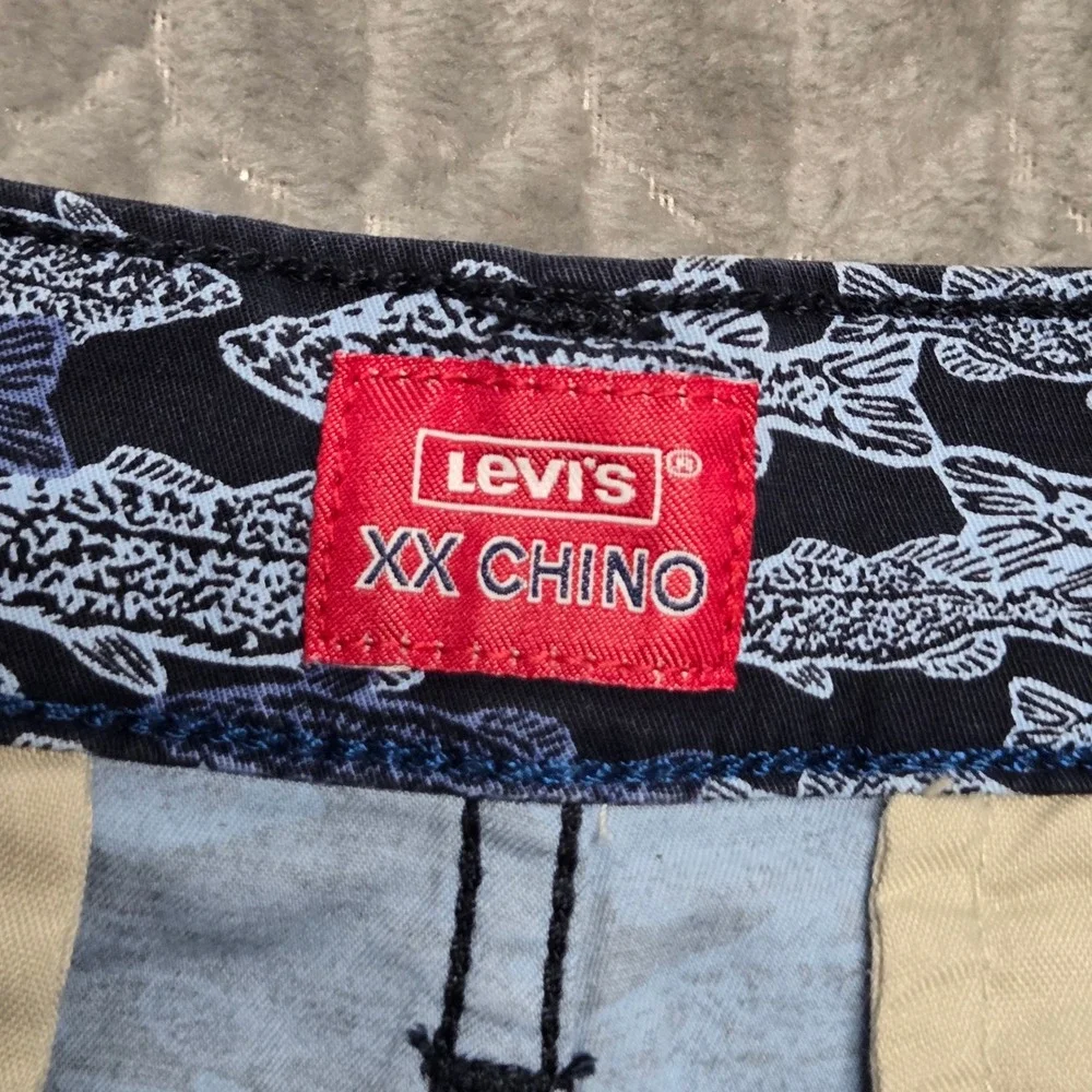 Levis XX Chino Shorts Mens 31 Navy Blue Fish Print Stretch Cotton Summer Outdoor